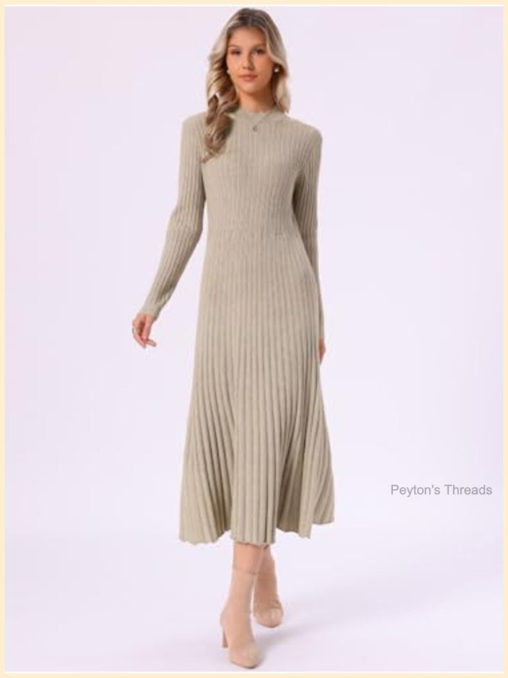 Pleated Sweater Dress Long Sleeve Bodycon Maxi Dress A-Line - Picture 3 of 4
